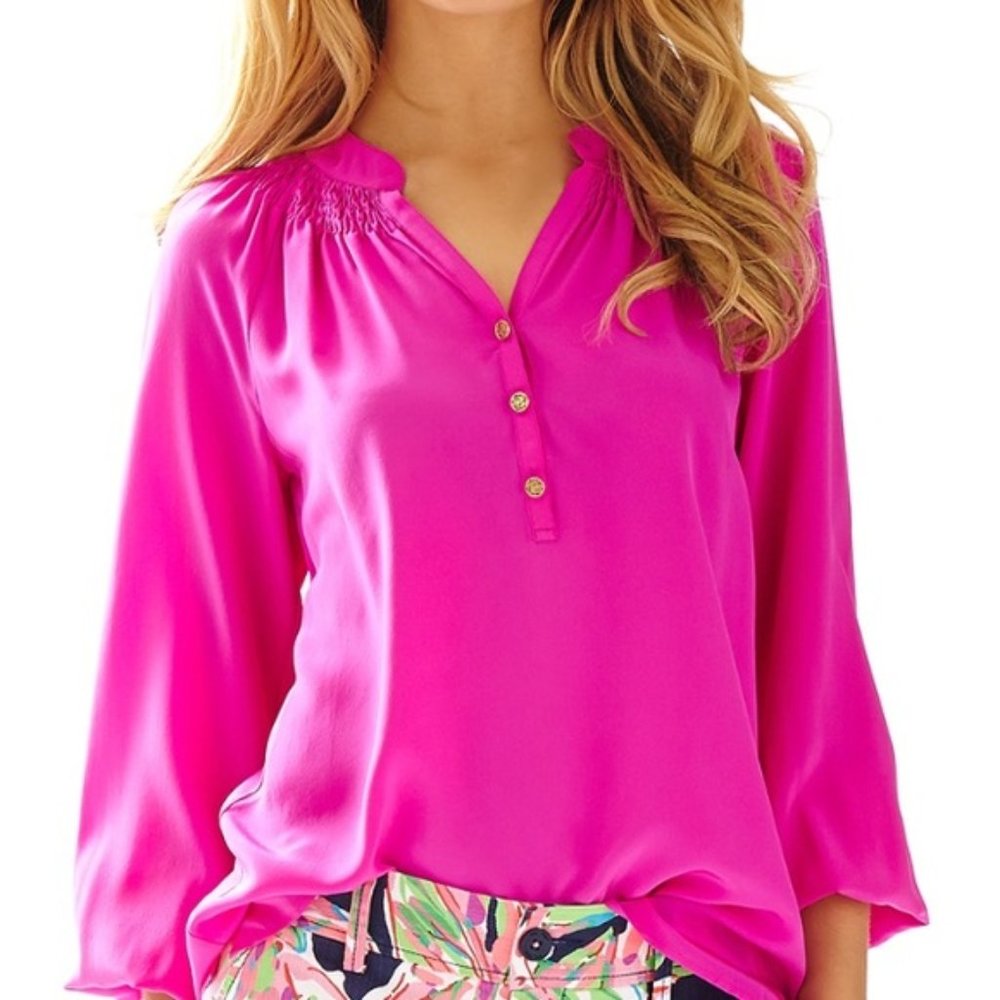 🎉HP🎉 Lilly Putlizer Neon Hot Pink Silk Blouse / Top